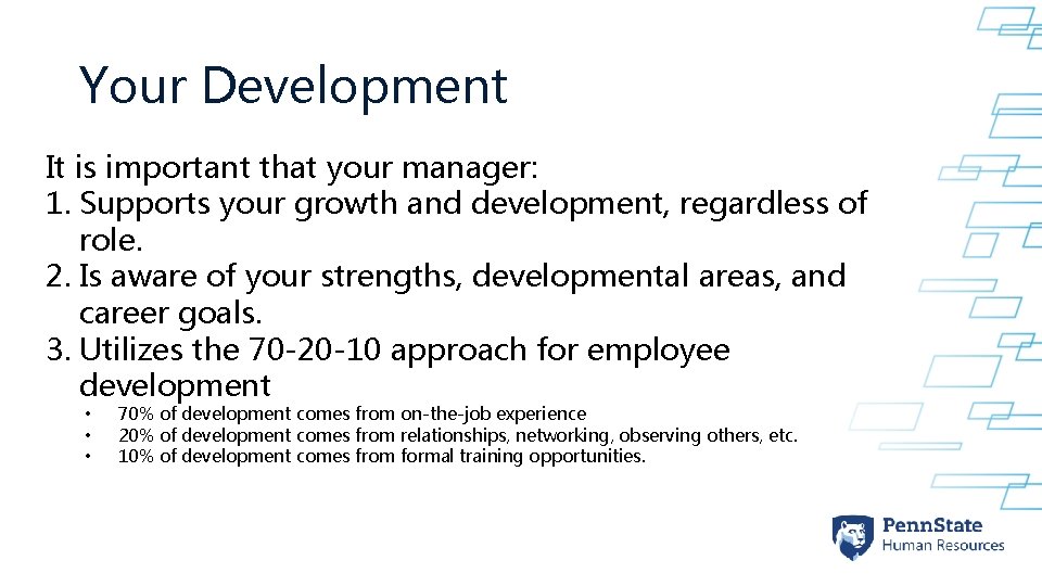 Your Development It is important that your manager: 1. Supports your growth and development,