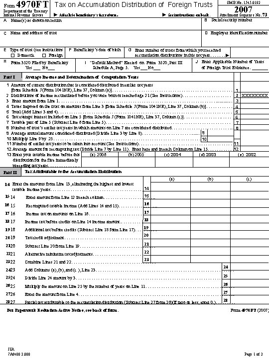 Form 4970 FT Department of the Treasury Internal Revenue Service Tax on Accumulation Distribution