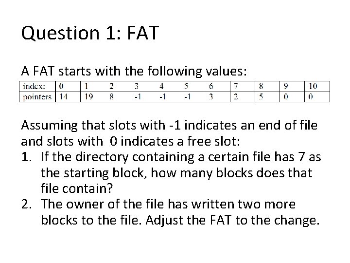 Question 1: FAT A FAT starts with the following values: Assuming that slots with