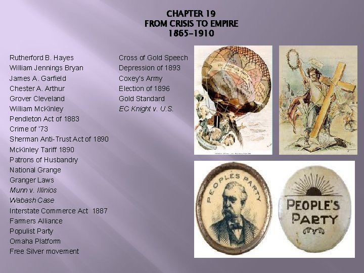 CHAPTER 19 FROM CRISIS TO EMPIRE 1865 -1910 Rutherford B. Hayes William Jennings Bryan