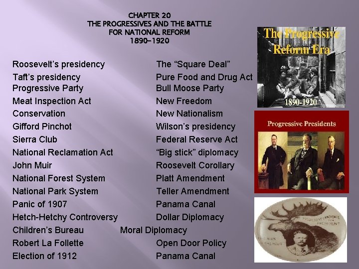 CHAPTER 20 THE PROGRESSIVES AND THE BATTLE FOR NATIONAL REFORM 1890 -1920 Roosevelt’s presidency