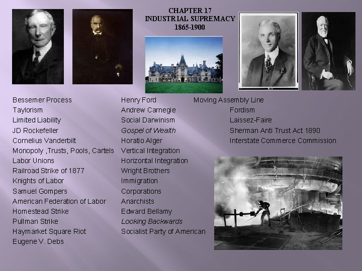CHAPTER 17 INDUSTRIAL SUPREMACY 1865 -1900 Bessemer Process Taylorism Limited Liability JD Rockefeller Cornelius