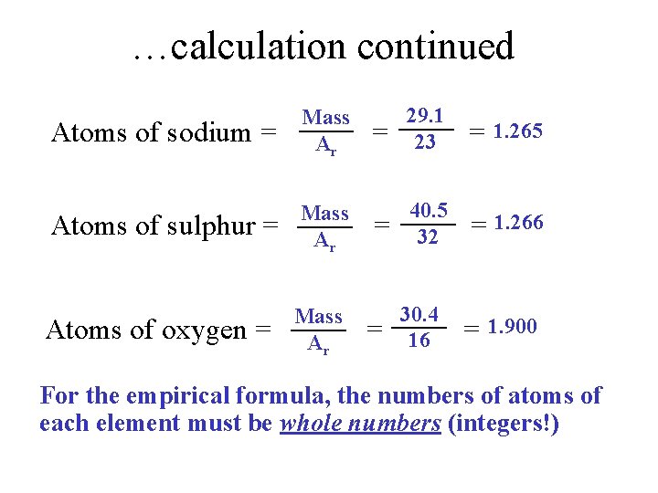 …calculation continued Atoms of sodium = Mass Ar Atoms of sulphur = Mass Ar