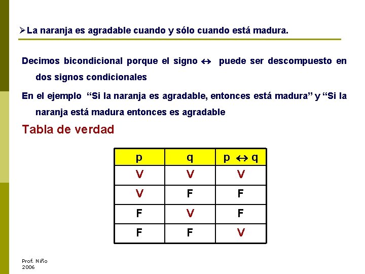 ØLa naranja es agradable cuando y sólo cuando está madura. Decimos bicondicional porque el