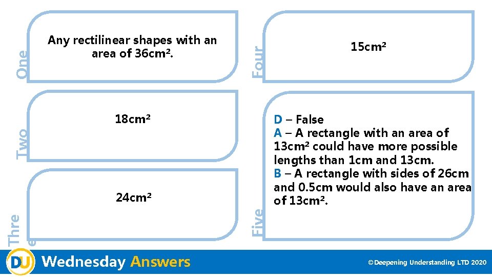 Four One Any rectilinear shapes with an area of 36 cm². 18 cm² 15