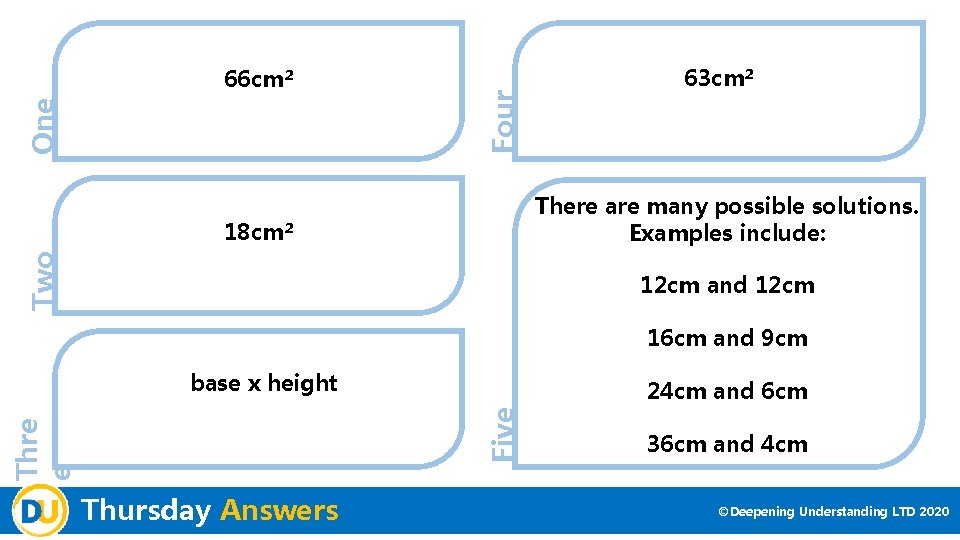 Four One 66 cm² 63 cm² There are many possible solutions. Examples include: Two