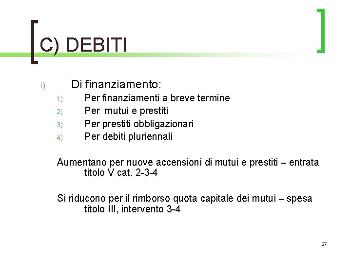 C) DEBITI Di finanziamento: I) 1) 2) 3) 4) Per finanziamenti a breve termine