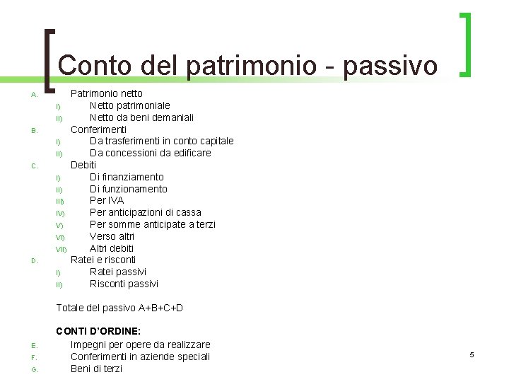 Conto del patrimonio - passivo A. I) II) B. I) II) C. I) III)