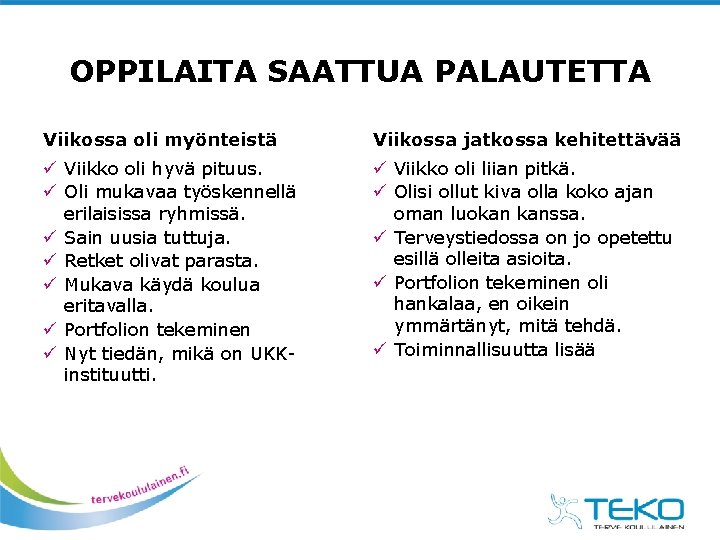 OPPILAITA SAATTUA PALAUTETTA Viikossa oli myönteistä Viikossa jatkossa kehitettävää ü Viikko oli hyvä pituus. OPPILAITA SAATTUA PALAUTETTA Viikossa oli myönteistä Viikossa jatkossa kehitettävää ü Viikko oli hyvä pituus.