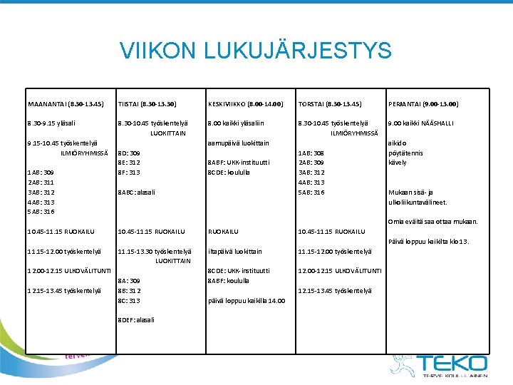 VIIKON LUKUJÄRJESTYS MAANANTAI (8. 30 -13. 45) 8. 30 -9. 15 yläsali 9. 15 VIIKON LUKUJÄRJESTYS MAANANTAI (8. 30 -13. 45) 8. 30 -9. 15 yläsali 9. 15