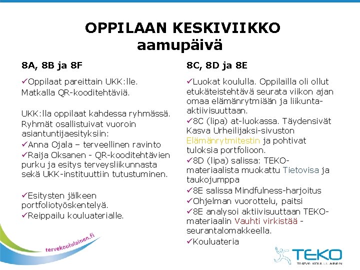 OPPILAAN KESKIVIIKKO aamupäivä 8 A, 8 B ja 8 F 8 C, 8 OPPILAAN KESKIVIIKKO aamupäivä 8 A, 8 B ja 8 F 8 C, 8