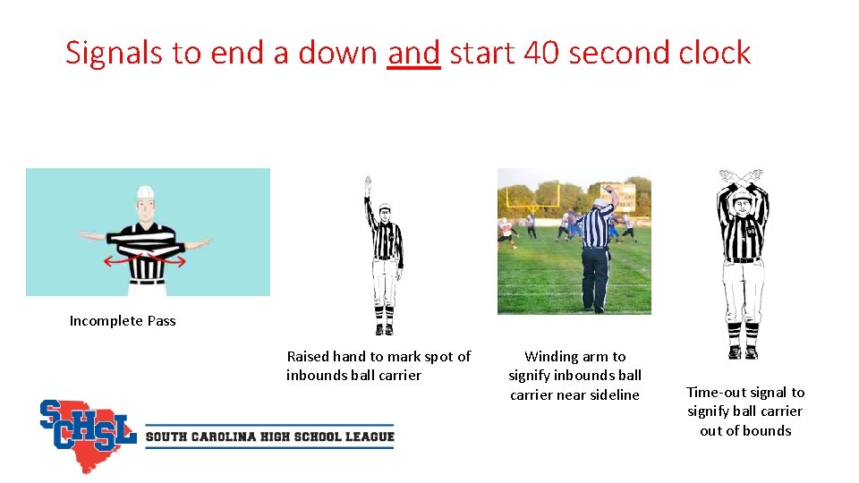Signals to end a down and start 40 second clock Incomplete Pass Raised hand