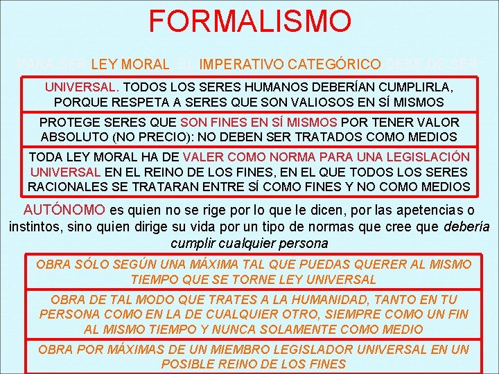 FORMALISMO PARA SER LEY MORAL, EL IMPERATIVO CATEGÓRICO DEBE DE SER: UNIVERSAL. TODOS LOS