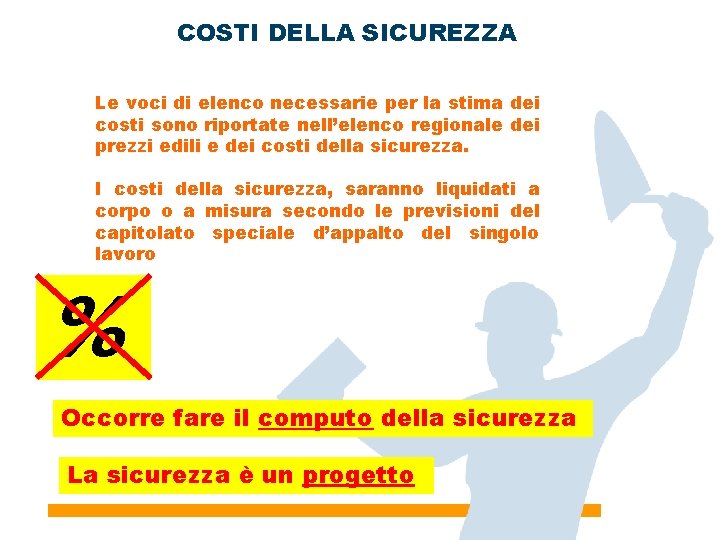 COSTI DELLA SICUREZZA Le voci di elenco necessarie per la stima dei costi sono