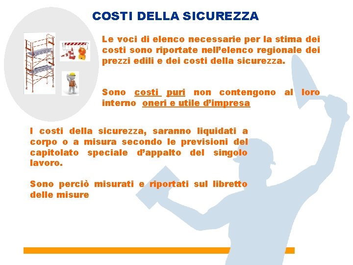 COSTI DELLA SICUREZZA Le voci di elenco necessarie per la stima dei costi sono