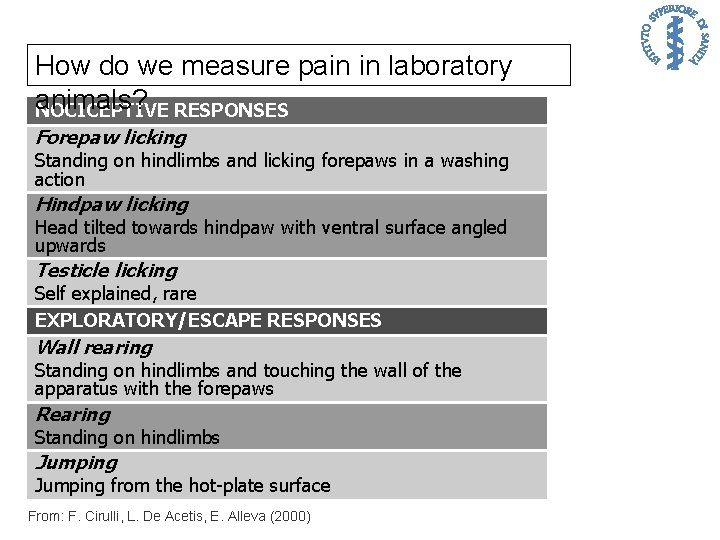 How do we measure pain in laboratory animals? RESPONSES NOCICEPTIVE Forepaw licking Standing on