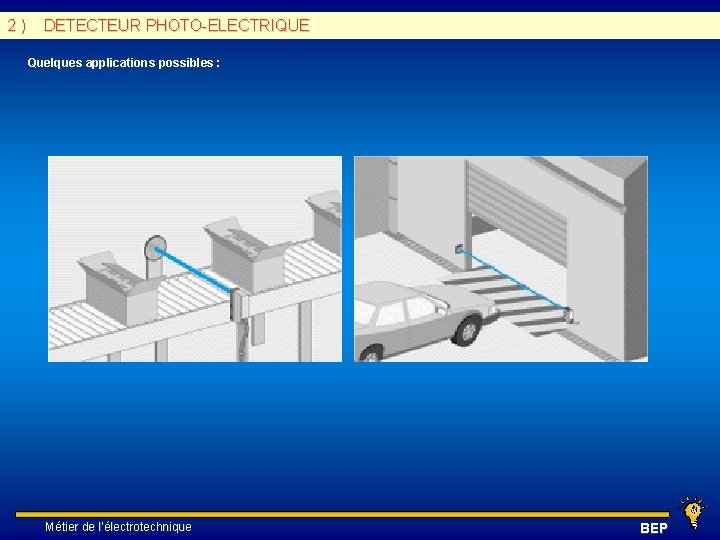 2 ) DETECTEUR PHOTO-ELECTRIQUE Quelques applications possibles : Métier de l’électrotechnique BEP 