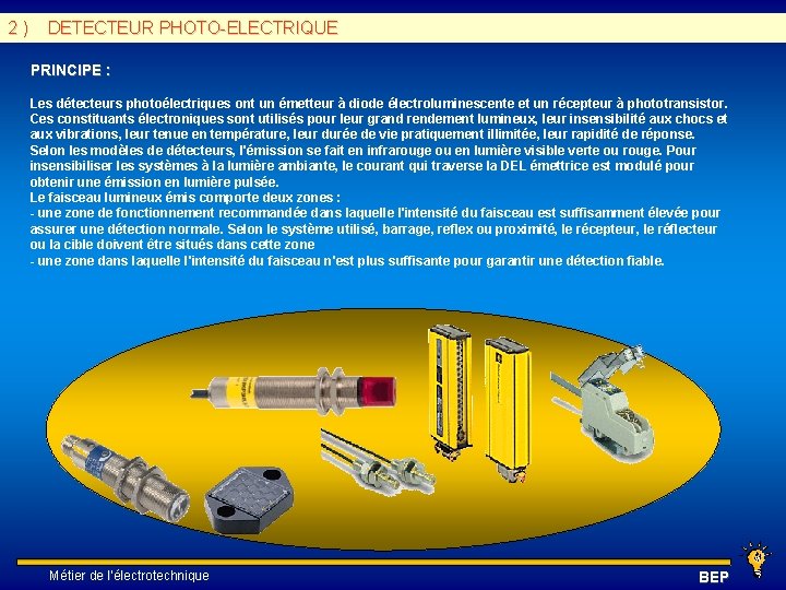 2 ) DETECTEUR PHOTO-ELECTRIQUE PRINCIPE : Les détecteurs photoélectriques ont un émetteur à diode