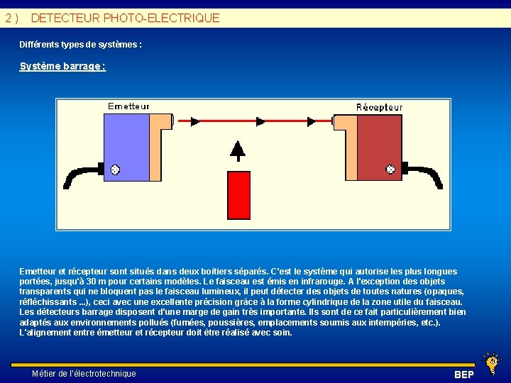 2 ) DETECTEUR PHOTO-ELECTRIQUE Différents types de systèmes : Système barrage : Emetteur et