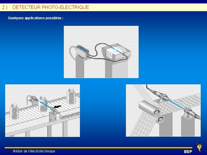 2 ) DETECTEUR PHOTO-ELECTRIQUE Quelques applications possibles : Métier de l’électrotechnique BEP 