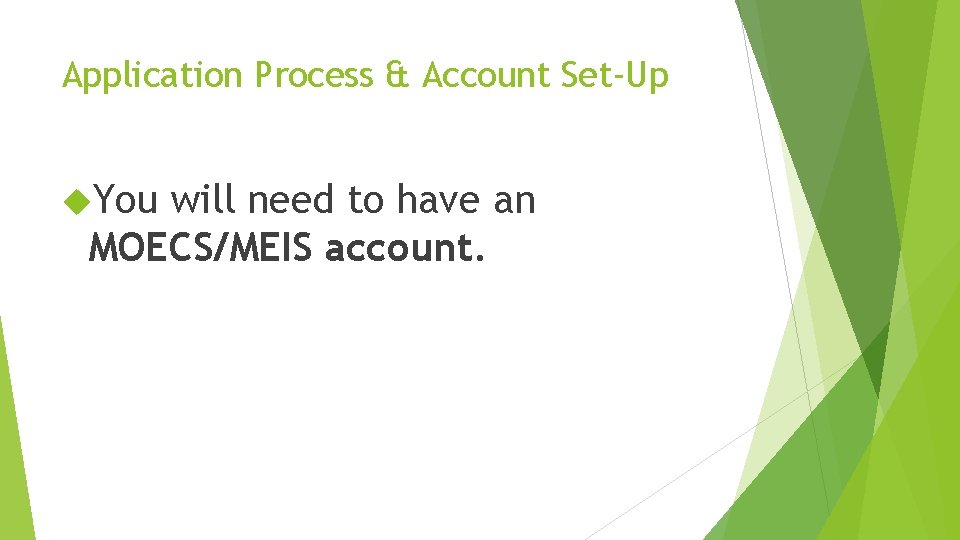 Application Process & Account Set-Up You will need to have an MOECS/MEIS account. Application Process & Account Set-Up You will need to have an MOECS/MEIS account.