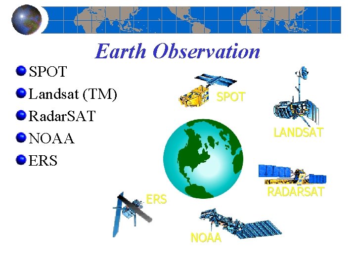 Earth Observation SPOT Landsat (TM) Radar. SAT NOAA ERS SPOT LANDSAT RADARSAT ERS NOAA