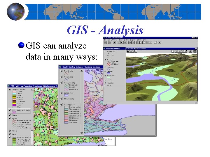 GIS - Analysis GIS can analyze data in many ways: 