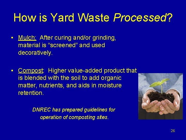 How is Yard Waste Processed? • Mulch: After curing and/or grinding, material is “screened”