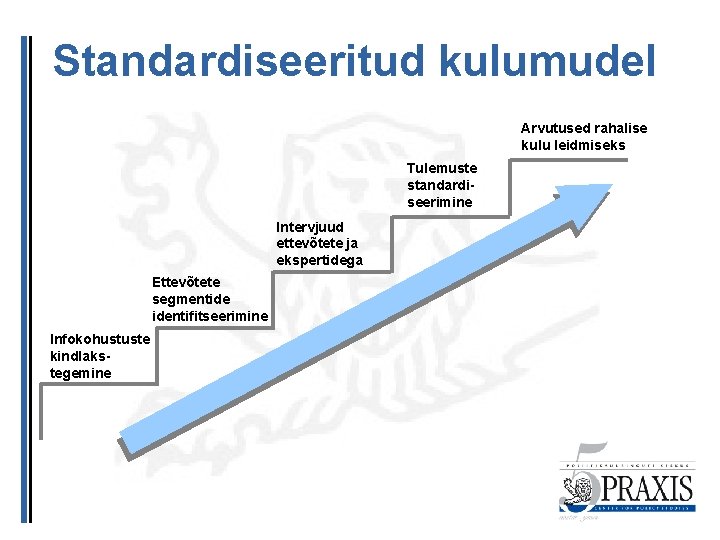 Standardiseeritud kulumudel Arvutused rahalise kulu leidmiseks Tulemuste standardiseerimine Intervjuud ettevõtete ja ekspertidega Ettevõtete segmentide