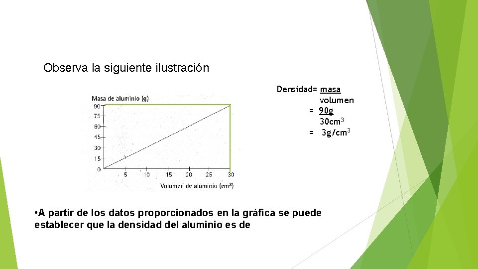 Observa la siguiente ilustración Densidad= masa volumen = 90 g 30 cm 3 = Observa la siguiente ilustración Densidad= masa volumen = 90 g 30 cm 3 =