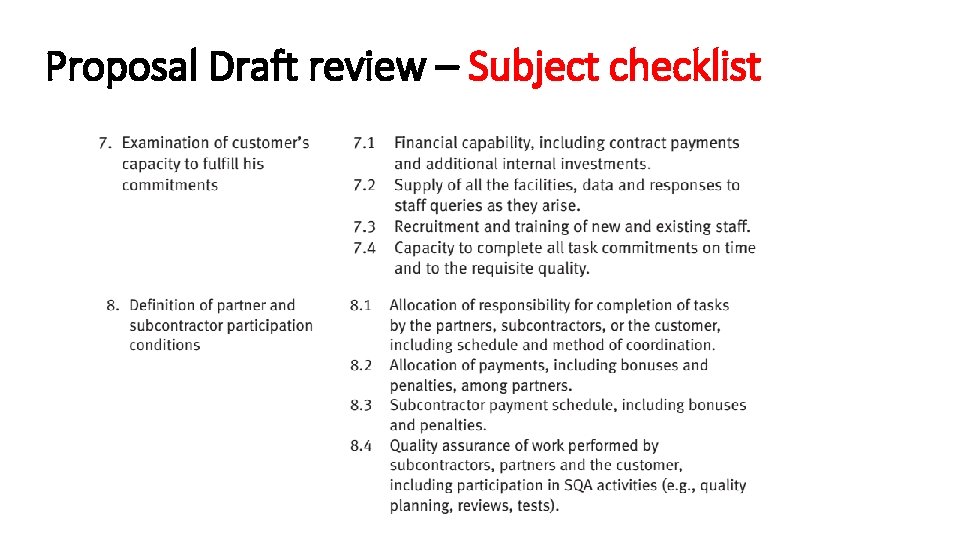 Proposal Draft review – Subject checklist 