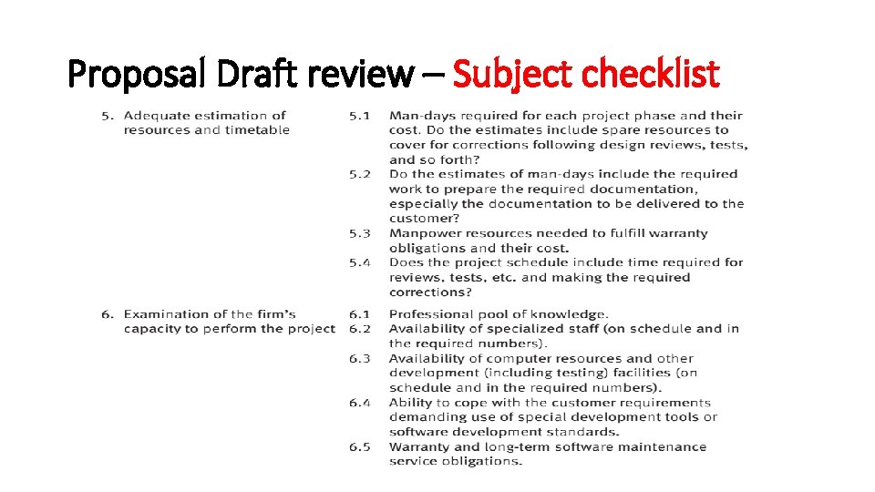 Proposal Draft review – Subject checklist 