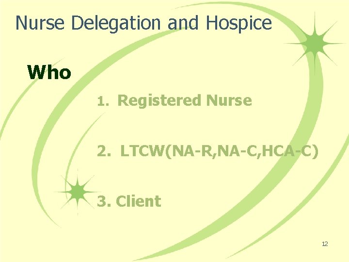 Nurse Delegation and Hospice Who 1. Registered Nurse 2. LTCW(NA-R, NA-C, HCA-C) 3. Client