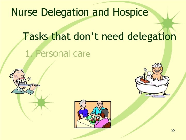 Nurse Delegation and Hospice Tasks that don’t need delegation 1. Personal care 26 