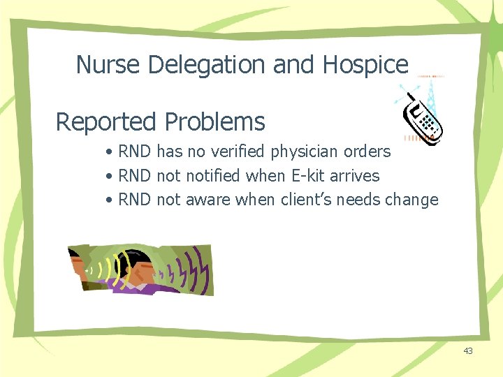 Nurse Delegation and Hospice Reported Problems • RND has no verified physician orders •