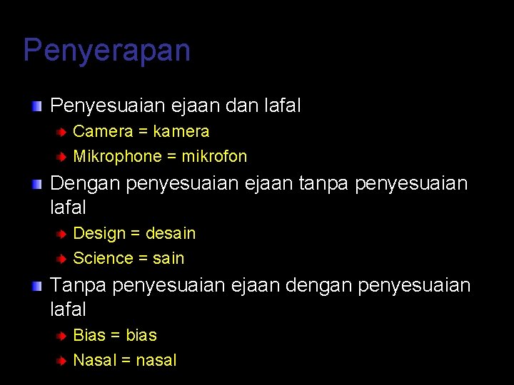 Penyerapan Penyesuaian ejaan dan lafal Camera = kamera Mikrophone = mikrofon Dengan penyesuaian ejaan