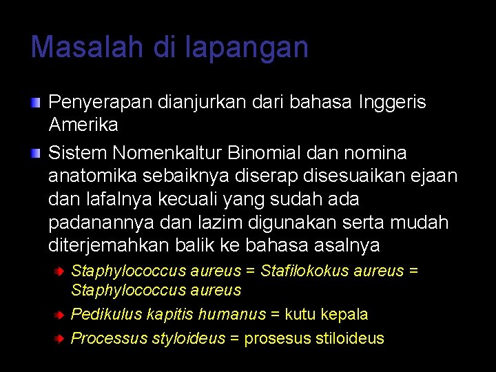 Masalah di lapangan Penyerapan dianjurkan dari bahasa Inggeris Amerika Sistem Nomenkaltur Binomial dan nomina