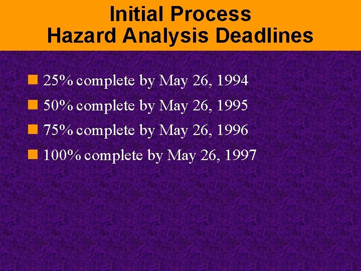 Initial Process Hazard Analysis Deadlines n 25% complete by May 26, 1994 n 50%