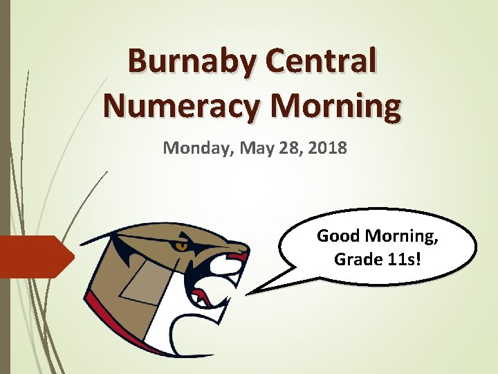 Burnaby Central Numeracy Morning Monday, May 28, 2018 Good Morning, Grade 11 s! 