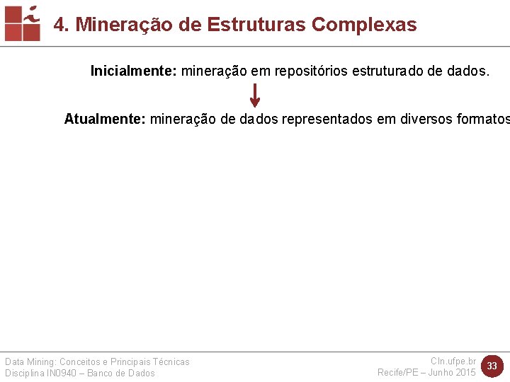 4. Mineração de Estruturas Complexas Inicialmente: mineração em repositórios estruturado de dados. Atualmente: mineração