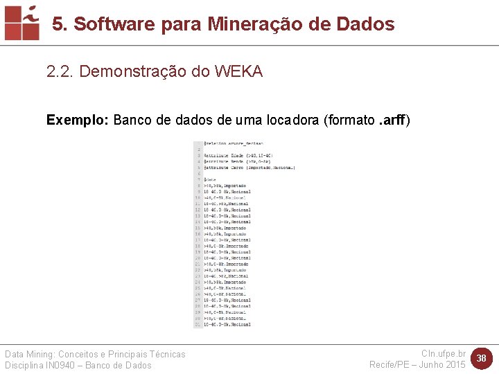 5. Software para Mineração de Dados 2. 2. Demonstração do WEKA Exemplo: Banco de