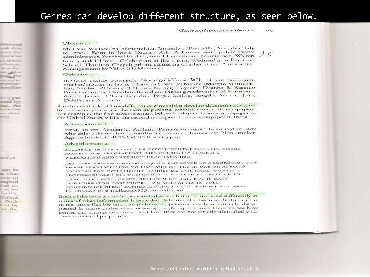 Genres can develop different structure, as seen below. Genre and Contrastive Rhetoric, Hudson, Ch.