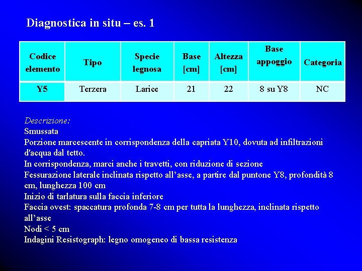 Diagnostica in situ – es. 1 Codice elemento Tipo Specie legnosa Base [cm] Altezza