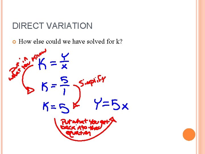 DIRECT VARIATION How else could we have solved for k? 