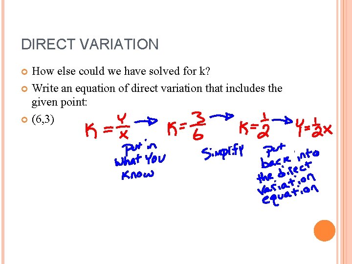 DIRECT VARIATION How else could we have solved for k? Write an equation of