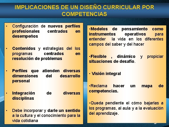 IMPLICACIONES DE UN DISEÑO CURRICULAR POR COMPETENCIAS • Configuración de nuevos perfiles profesionales centrados IMPLICACIONES DE UN DISEÑO CURRICULAR POR COMPETENCIAS • Configuración de nuevos perfiles profesionales centrados