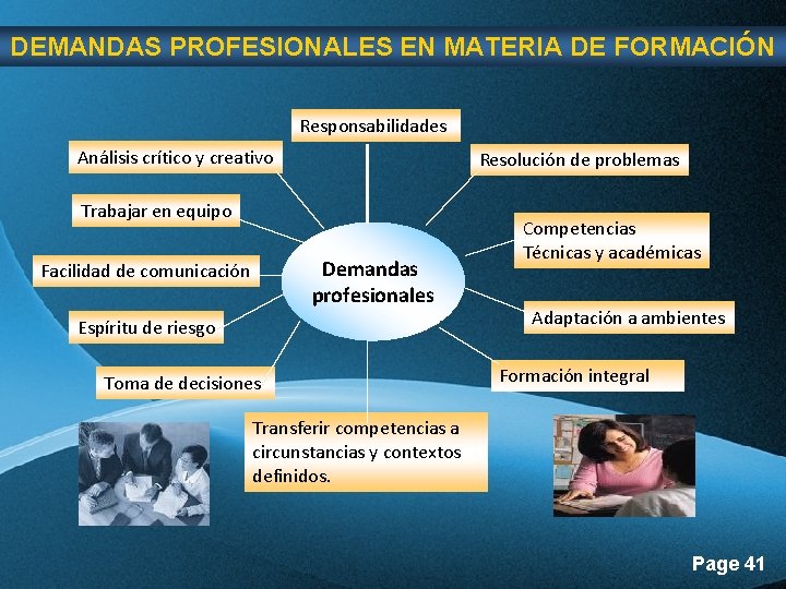 DEMANDAS PROFESIONALES EN MATERIA DE FORMACIÓN Responsabilidades Análisis crítico y creativo Resolución de problemas DEMANDAS PROFESIONALES EN MATERIA DE FORMACIÓN Responsabilidades Análisis crítico y creativo Resolución de problemas