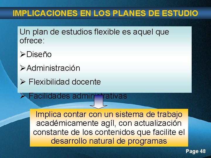 IMPLICACIONES EN LOS PLANES DE ESTUDIO Un plan de estudios flexible es aquel que IMPLICACIONES EN LOS PLANES DE ESTUDIO Un plan de estudios flexible es aquel que