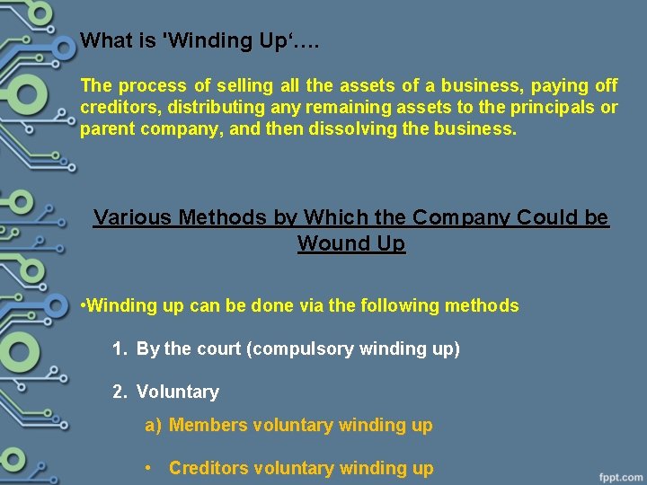 What is 'Winding Up‘…. The process of selling all the assets of a business,