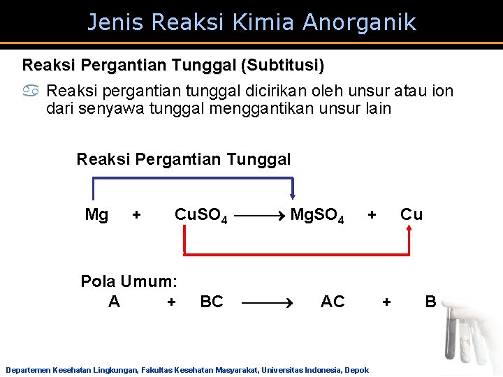 Jenis Reaksi Kimia Anorganik Reaksi Pergantian Tunggal (Subtitusi) a Reaksi pergantian tunggal dicirikan oleh Jenis Reaksi Kimia Anorganik Reaksi Pergantian Tunggal (Subtitusi) a Reaksi pergantian tunggal dicirikan oleh